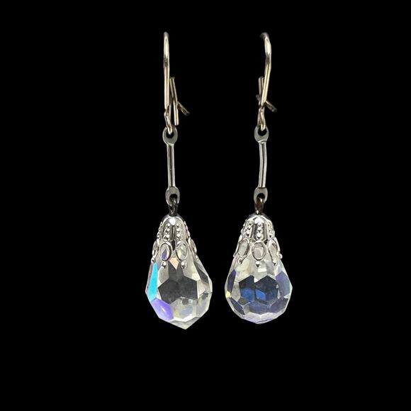 Iridescent Dangle Earrings Faceted Glass Pierced Drop Silver Tone Wire Hook - Picture 2 of 10